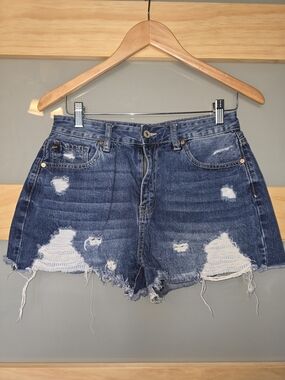 KanCan Dark Blue Distressed High-Rise Jean Shorts